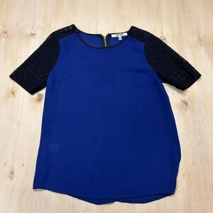 Daniel Rainn Blouse Womens Small Blue Crochet Lace Short Sleeve Chiffon Top